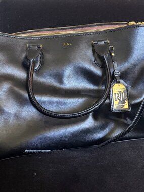 Lauren Ralph Lauren Black Saffiano Leather Triple Compartment Satchel Tote RLL